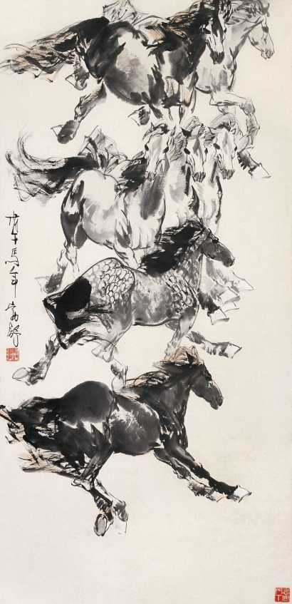刘勃舒 戊午（1978年）作 七骏图 立轴